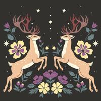 Symmetrical composition of two deer and flowers on a dark background. Vector graphics