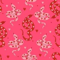 Seamless pattern of snakes with hearts in pink-red colors. Vector graphics.