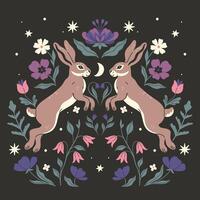 Symmetrical composition of two hares and flowers on a dark background. Vector graphics
