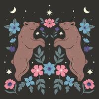 Symmetrical composition of two bears and flowers on a dark background. Vector graphics