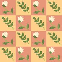 Checkered seamless pattern with flowers and leaves. Vector graphics.