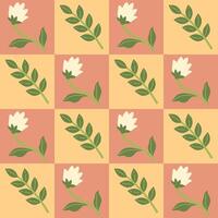 Checkered seamless pattern with flowers and leaves. Vector graphics.