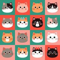 Cute checkered seamless pattern with cats' faces. Vector graphics.