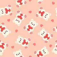 Seamless pattern with cute toy bears holding hearts. Vector graphics.