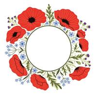 Round frame with red poppies and other flowers on a white background. Vector graphics.