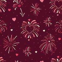 Seamless pattern with heart fireworks in the night sky in pink and red colors. Vector graphics.