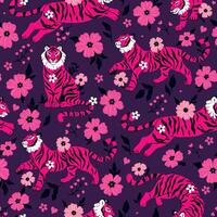 Seamless pattern with flowers and fuchsia colors of fancy graceful tigers. Vector graphics.