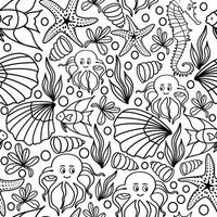 Seamless doodle pattern with sea creatures , seashells and starfish vector