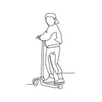 uno continuo línea dibujo de el niños jugando scooter en el parque vector ilustración. ilustración scooters son alternativa transporte con sencillo lineal estilo vector concepto diseño.