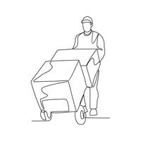 One continuous line drawing of package delivery person activity vector illustration. Illustration package delivery person while the goods will be given to the customer  in simple linear style vector.