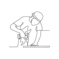 One continuous line drawing of a site worker is drilling into wood in building project vector illustration. Building construction site activity illustration simple linear style vector concept.