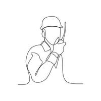 One continuous line drawing of construction engineer is direct discussion with workers on site vector illustration. A construction engineer is working in the site office illustration in simple linear.