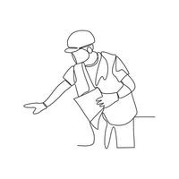 One continuous line drawing of construction engineer is reading the design and directing workers on site vector illustration. A construction engineer is working in the site office vector illustration.