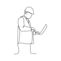 One continuous line drawing of construction engineer is reading the design and directing workers on site vector illustration. A construction engineer is working in the site office vector illustration.