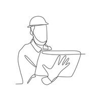 One continuous line drawing of construction engineer is reading the design and directing workers on site vector illustration. A construction engineer is working in the site office vector illustration.