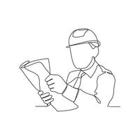 One continuous line drawing of construction engineer is reading the design and directing workers on site vector illustration. A construction engineer is working in the site office vector illustration.