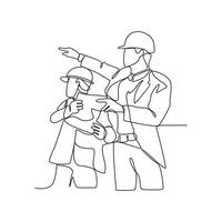 One continuous line drawing of construction engineer is direct discussion with workers on site vector illustration. A construction engineer is working in the site office illustration in simple linear.