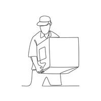 One continuous line drawing of package delivery person activity vector illustration. Illustration package delivery person while the goods will be given to the customer  in simple linear style vector.