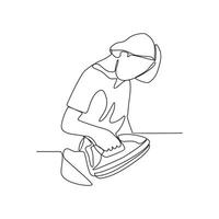 One continuous line drawing of People with housekeeping work activity vector illustration.  tasks such as sweeping, vacuuming, mopping, dusting, wiping down surfaces, and taking out the trash.