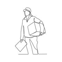 One continuous line drawing of package delivery person activity vector illustration. Illustration package delivery person while the goods will be given to the customer  in simple linear style vector.