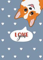 lindo corgi galés de dibujos animados con corazones y la inscripción te amo. feliz tarjeta de felicitación del día de san valentín. ilustración vectorial vector