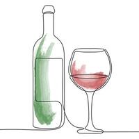 Continuous one line drawing with bottle and glass of wine isolated on white background. Black line art on white background with colorful spots. vector