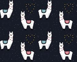 Seamless pattern with cute llamas on starry space background. Background for wrapping paper,  greeting cards and seasonal designs. Happy Valentines day. vector