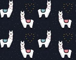 Seamless pattern with cute llamas on starry space background. Background for wrapping paper,  greeting cards and seasonal designs. Happy Valentines day. vector