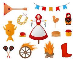 Vector set of symbols for Maslenitsa. Vector illustration in cartoon style.