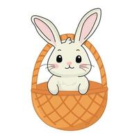 Cute rabbit in a basket with on white background. Congratulations and gifts for Easter vector