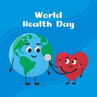 Planet Earth with stethoscope and red heart on blue background. World Health Day. Vector illustration.