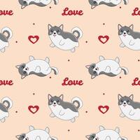 Seamless patten with husky and hearts. vector