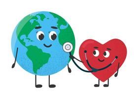 Planet Earth with stethoscope and red heart on white background. World Health Day. Vector illustration.