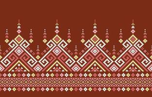 Ethnic pattern features a captivating mix of geometric shapes and stylized floral motifs on a brown background.  Bold colors create a visually striking and seamless design. vector