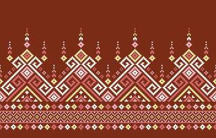 Ethnic pattern features a captivating mix of geometric shapes and stylized floral motifs on a brown background.  Bold colors create a visually striking and seamless design. vector