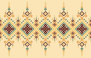Fabric pattern is a colorful, geometric seamless pattern on a beige background. The squares, triangles, and rectangles are arranged in a way that makes the pattern visually interesting. vector