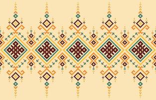 Fabric pattern is a colorful, geometric seamless pattern on a beige background. The squares, triangles, and rectangles are arranged in a way that makes the pattern visually interesting. vector