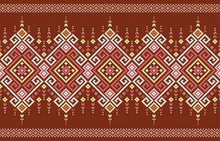 Fabric pattern features a vibrant ethnic design on a warm brown background. Bold geometric shapes, including triangles, diamonds, and stylized florals, create a captivating seamless repeat. vector