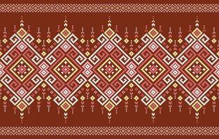 Fabric pattern features a vibrant ethnic design on a warm brown background. Bold geometric shapes, including triangles, diamonds, and stylized florals, create a captivating seamless repeat. vector