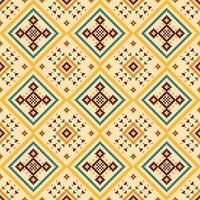 Ethnic fabric pattern showcases bold contrasting colors in a seamless geometric design reminiscent of traditional embroidery. vector