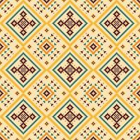 Ethnic fabric pattern showcases bold contrasting colors in a seamless geometric design reminiscent of traditional embroidery. vector