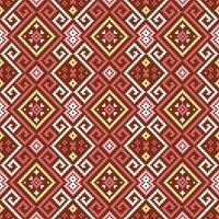 Ethnic pattern features interlocking geometric shapes in a seamless repeat pattern,pink,yellow and brown on a beige background. vector