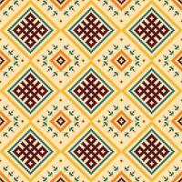 Ethnic fabric pattern features a richly embroidered texture. Geometric shapes dance across the surface, creating a captivating seamless design. vector