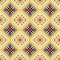 Ethnic fabric pattern features a richly embroidered texture. Geometric shapes dance across the surface, creating a captivating seamless design. vector