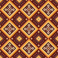 Vibrant pixel art fabric pattern showcases a seamless ethnic pattern design. Bold geometric shapes, including squares, triangles, and diamonds, create a captivating retro aesthetic. vector