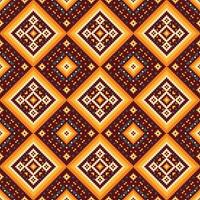 Vibrant pixel art fabric pattern showcases a seamless ethnic pattern design. Bold geometric shapes, including squares, triangles, and diamonds, create a captivating retro aesthetic. vector