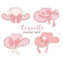 set of Coquette Cowgirl Hats with pink Ribbon Bow Hand Drawn Doodle illustration. vector