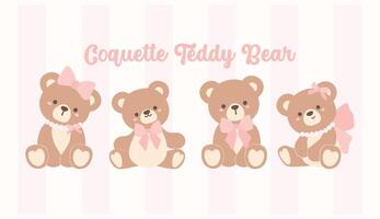 Group of 4 Cute Coquette Teddy Bear Friends. Whimsical Cartoon for Kids and Design. vector