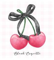 Black coquette cherries with ribbon bow, aesthetic watercolor hand drawing vector