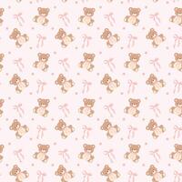 Coquette Teddy Bear with Pink Ribbon Bow Pattern. Seamless Isolated on Light Pink Background vector